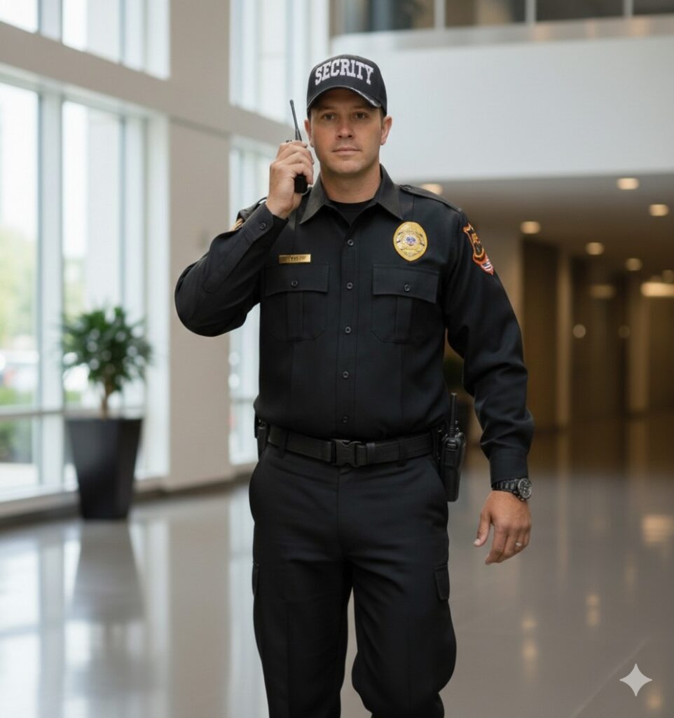 Security officer with a walkie-talkie in a modern building
